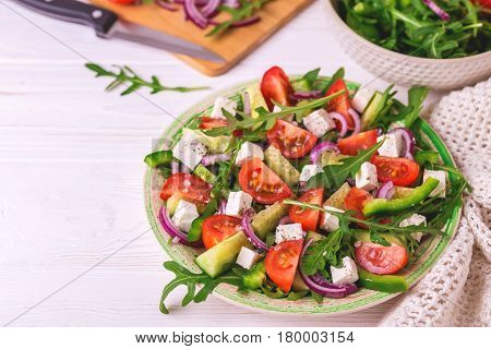 Traditional Bulgarian Salad Shopski With Fresh Vegetables And Feta