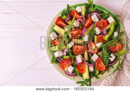 Traditional Bulgarian Salad Shopski With Fresh Vegetables And Feta