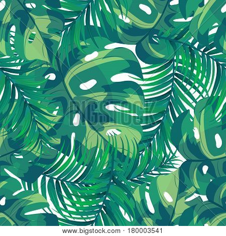 Tropical background with palm leaves. Vector seamless pattern