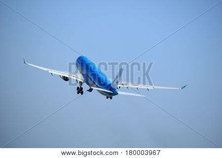 Amsterdam the Netherlands - April 2nd 2017: PH-AKB KLM Royal Dutch Airlines Airbus A330 takeoff from Polderbaan runway Amsterdam Airport Schiphol