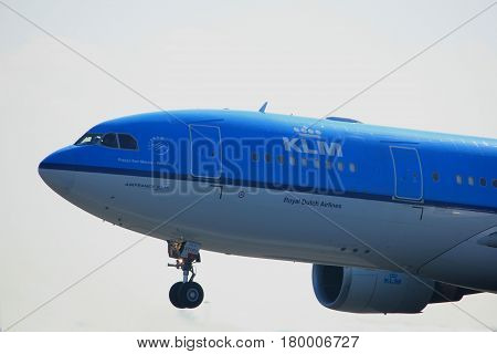 Amsterdam the Netherlands - April 2nd 2017: PH-AOM KLM Royal Dutch Airlines Airbus A330 takeoff from Polderbaan runway Amsterdam Airport Schiphol