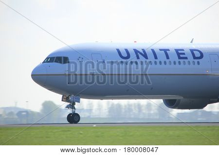 Amsterdam the Netherlands - April 2nd 2017: N67058 United Airlines Boeing 767-400 takeoff from Polderbaan runway Amsterdam Airport Schiphol