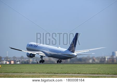 Amsterdam the Netherlands - April 2nd 2017: N67058 United Airlines Boeing 767-400 takeoff from Polderbaan runway Amsterdam Airport Schiphol
