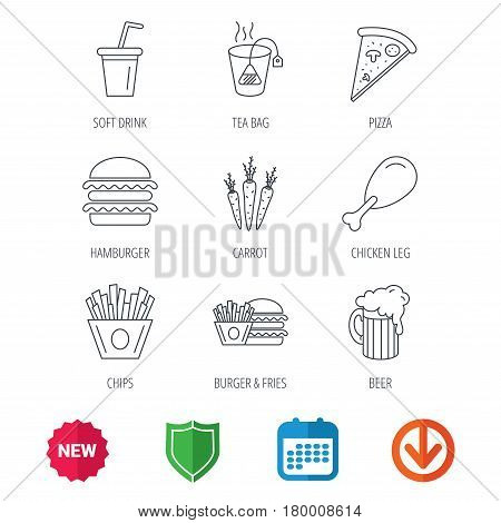 Hamburger, pizza and soft drink icons. Beer, tea bag and chips fries linear signs. Chicken leg, carrot icons. New tag, shield and calendar web icons. Download arrow. Vector