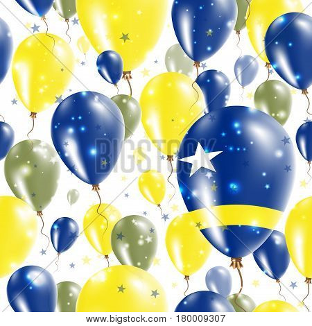Curacao Independence Day Seamless Pattern. Flying Rubber Balloons In Colors Of The Dutch Flag. Happy