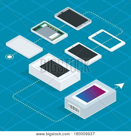 Assembly of the phone. Isometric vector illustration.