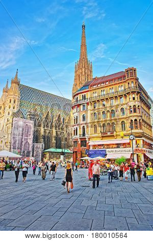 People And Saint Stephen Cathedral On Stephansplatz Vienna