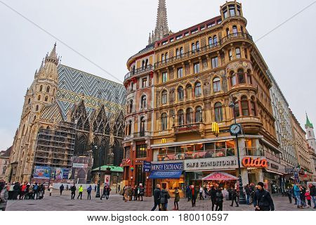 People And St Stephen Cathedral On Stephansplatz In Vienna