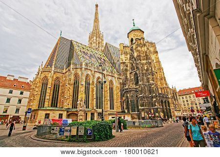 People At Saint Stephen Cathedral On Stephansplatz Of Vienna