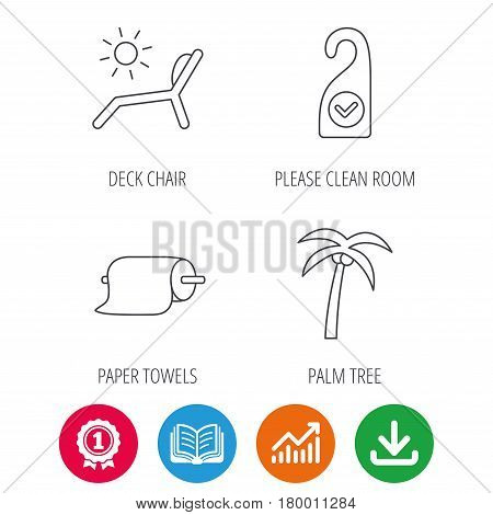 Palm tree, paper towel and beach deck chair icons. Clean room linear signs. Award medal, growth chart and opened book web icons. Download arrow. Vector