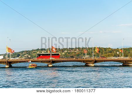 Bus On Bergues Bridge At Geneva Lake Swiss