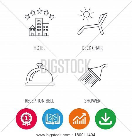 Hotel, shower and beach deck chair icons. Reception bell linear sign. Award medal, growth chart and opened book web icons. Download arrow. Vector
