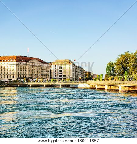 Bergues Bridge over Geneva Lake in summer Geneva Switzerland.
