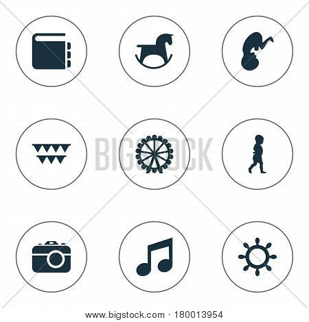 Vector Illustration Set Of Simple Child Icons. Elements Rudder, Fetus, Ferris Wheel And Other Synonyms Fetus, Festival And Direction.