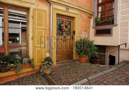 Entrance Door With Flower Wreath At House  In Baden Baden