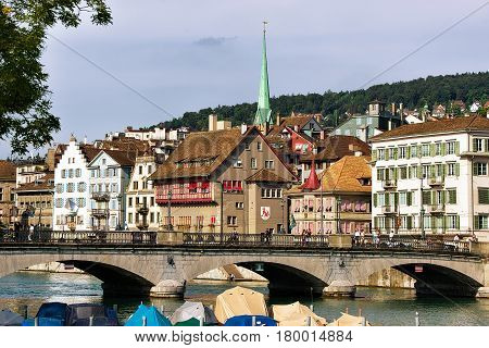 Limmat River And Spire Of Predigerkirche In City Center Zurich Swiss