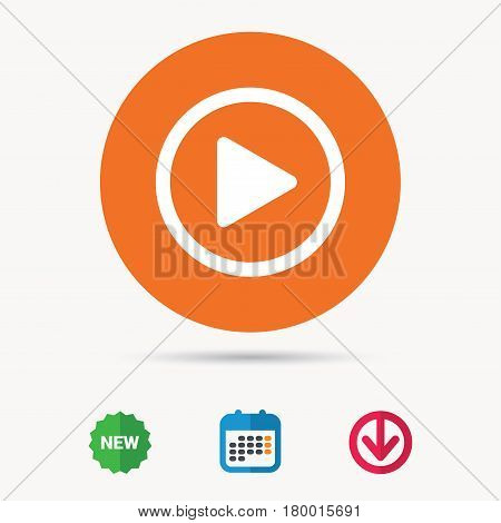 Play icon. Audio or Video player symbol. Calendar, download arrow and new tag signs. Colored flat web icons. Vector
