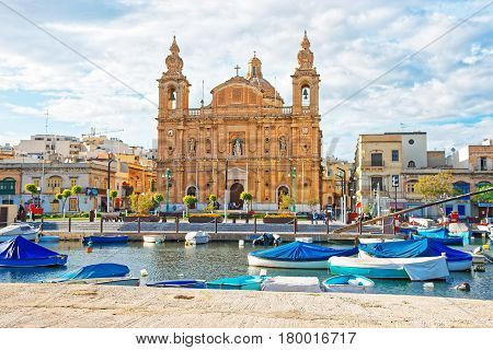 Parish Church At Msida Marina With Boats On Malta Island