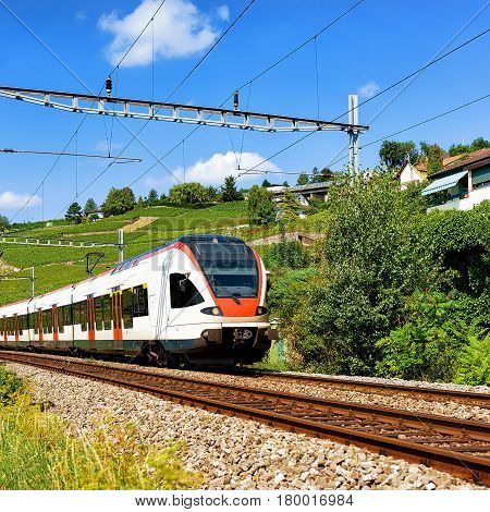 Running Train In Lavaux Vineyard Terrace Hiking Trail Switzerland