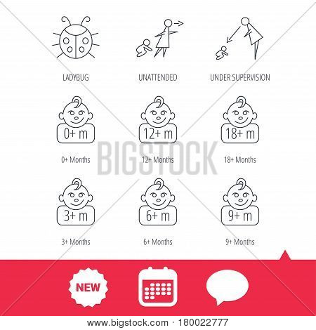 Infant child, ladybug and toddler baby icons. 0-18 months child linear signs. Unattended, parents supervision icons. New tag, speech bubble and calendar web icons. Vector