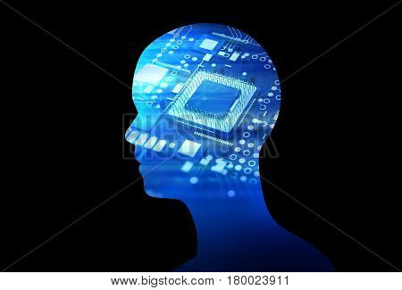 Double Exposure Image Of Low Polygon Human Head 3D Illustration