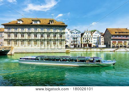 Excursion Boat At Old Town Hall In River Limmat Zurich