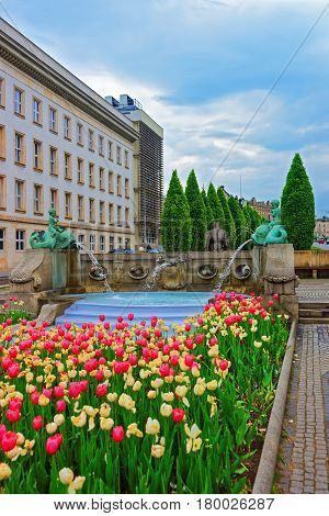Golem Monument And Kronthal Fountain At Marcinkowski Avenue Of Poznan