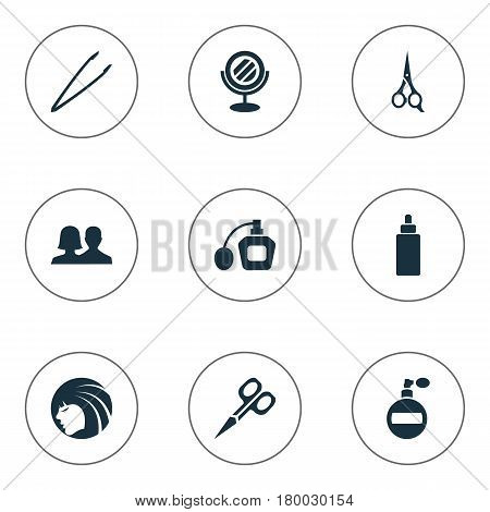 Vector Illustration Set Of Simple Spa Icons. Elements Fragrance, Customers, Barber Tool And Other Synonyms Perume, Sprayer And Oil.
