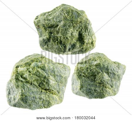 Epidote isolated on white background. Calcium aluminium iron sorosilicate green mineral