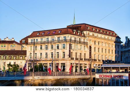 Flon District And Grand Pont Bridge With Flags Lausanne