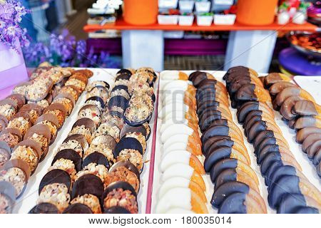 Glass shop window with handmade pastry in Zurich Switzerland