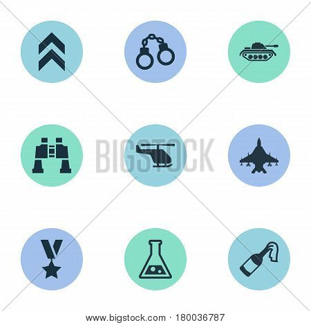 Vector Illustration Set Of Simple Battle Icons. Elements Molotov, Manacles, Sky Force And Other Synonyms Rank, Fighter And Bomb.
