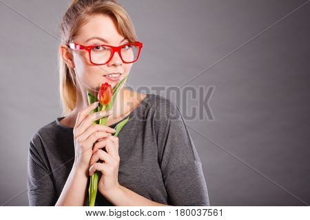 Beauty Woman With Tulip Flower.