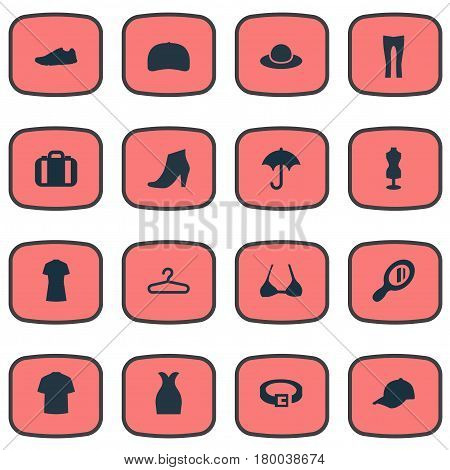 Vector Illustration Set Of Simple Clothes Icons. Elements Luggage, Brasserie, Footwear And Other Synonyms Protect, Cotton And Autmn.
