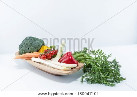 Super Fresh Vegetables In A Handmade Natural Real Wood Bowl - Cherry Tomatoes, Carrots With Greens T