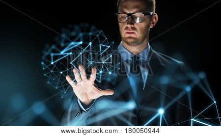 business, people, future technology and cyberspace concept - close up of businessman touching virtual projection over dark background