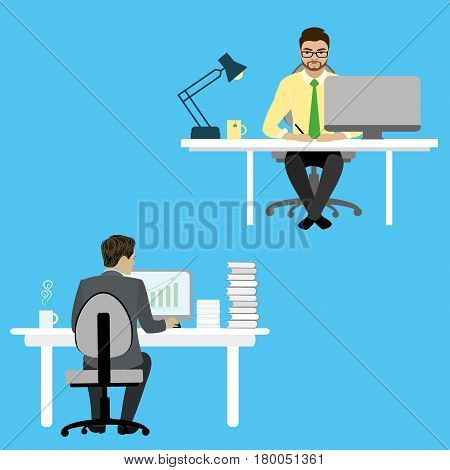 Two Businessman or office worker sitting at a desk and working on the computer. Workplace coworking.Cartoon stock vector illustration.