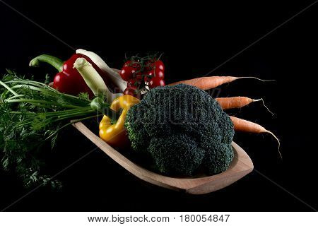 Vegetables In A Handmade Natural Real Wood Bowl - Cherry Tomatoes, Carrots With Greens Top, Bell Pep