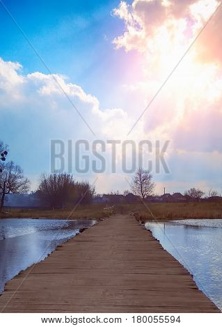 River Bridge Sun clouds wave landscape nature