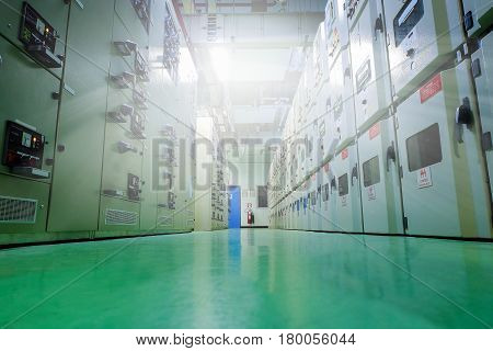 Electrical substation, Substation in petrochemical plant, Power distribution board current breakers with overload protection.