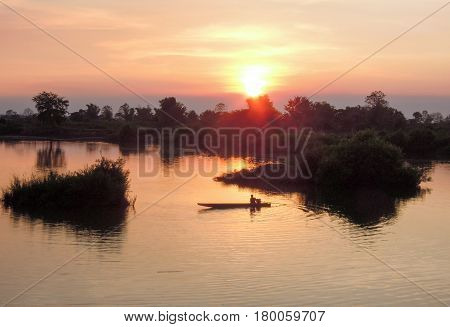 Boat On River Mekong At Don Det, Laos