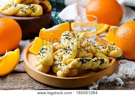 Koulourakia Greek Sesame Twist Cookies..style rustic.selective focus
