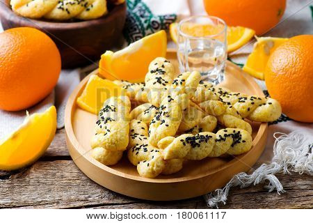 Koulourakia Greek Sesame Twist Cookies..style rustic.selective focus