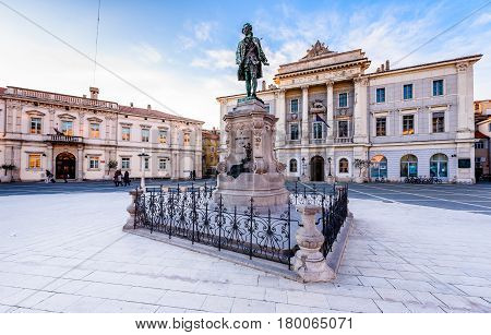 Piran Slovenia - January 7 2017: Tartini square with town hall and City Library in Piran. The main market of Piran - old medieval town and major tourist attraction in Slovenia
