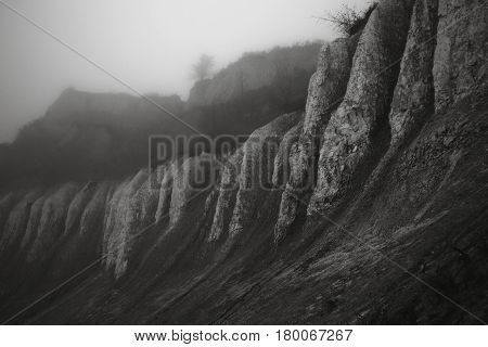 Chalkpit in the fog in autumn black and white photo