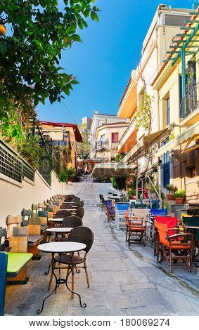 small cosy street of Placa district in Athens, Greece