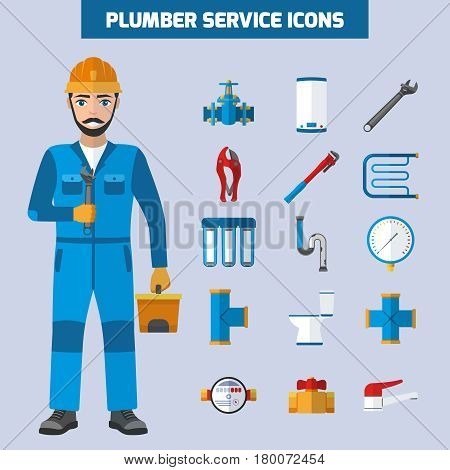 Plumber icons set with flat male sanitary technician character tubes tools and bath equipment images vector illustration