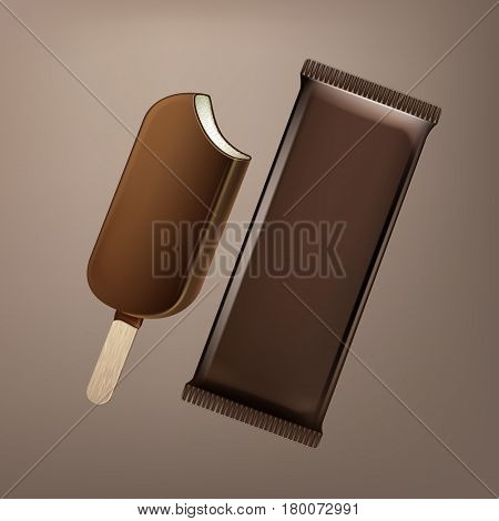 Vector Classic Bitten Popsicle Choc-ice Lollipop Ice Cream in Chocolate Glaze on Stick with Brown Plastic Foil Wrapper for Branding Package Design Close up Isolated on Background