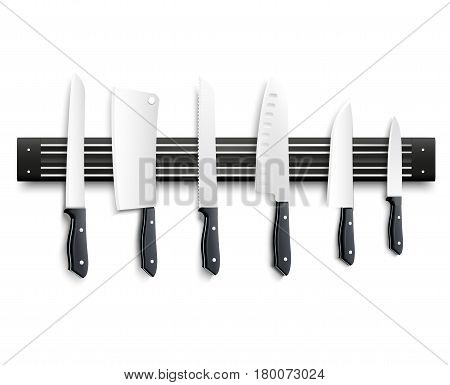 Variety of kitchen knives with black handle on magnetic strip on white background 3d vector illustration