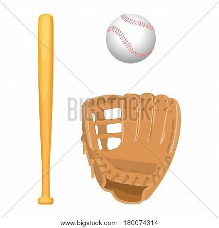 Baseball equipment colorful vector flat collection on white. Isolated light brown leather glove, wooden special bat and small white ball in realistic style. Sport template with accessories poster